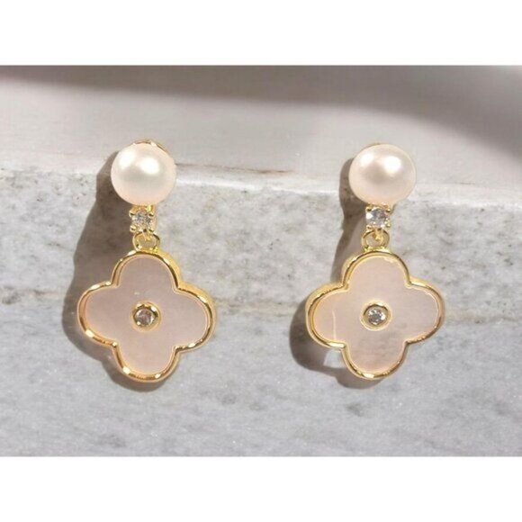Jewelry - Genuine Mother of Pearl Clover White and Gold Freshwater Pearl Earrings
